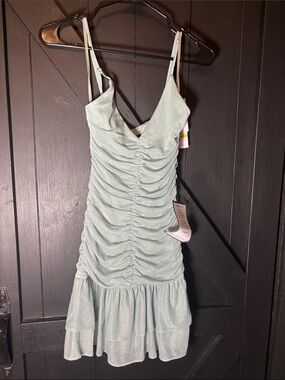 Jump Shimmery Mint Ruched Mini Dress with Ruffle Hem